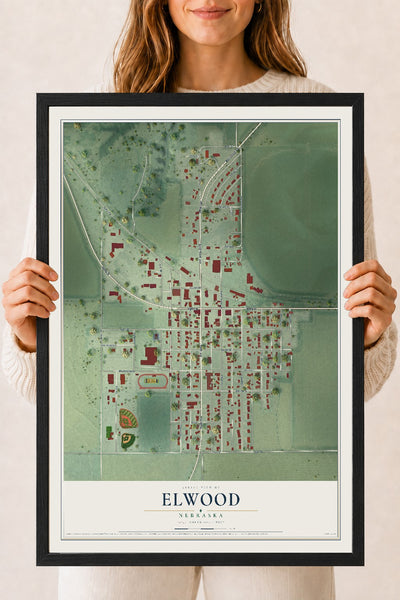 Map of Elwood, Nebraska, 18 x 24 inch print in a black wood frame