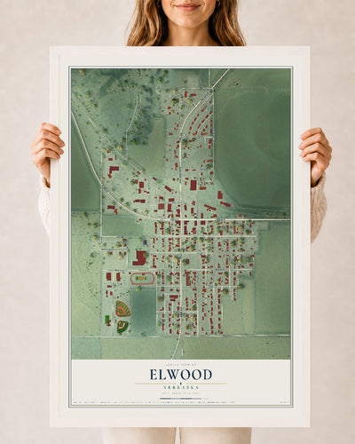 Map of Elwood, Nebraska, 24 x 36 inch print in a white wood frame