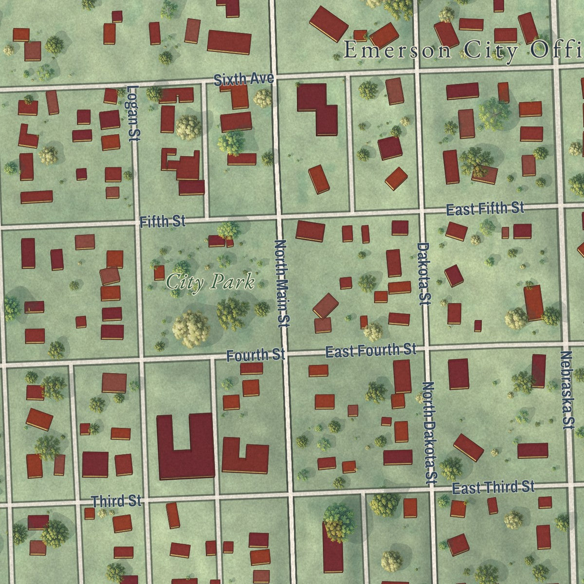 Close-up of the map of Emerson, Nebraska print showing street and building detail