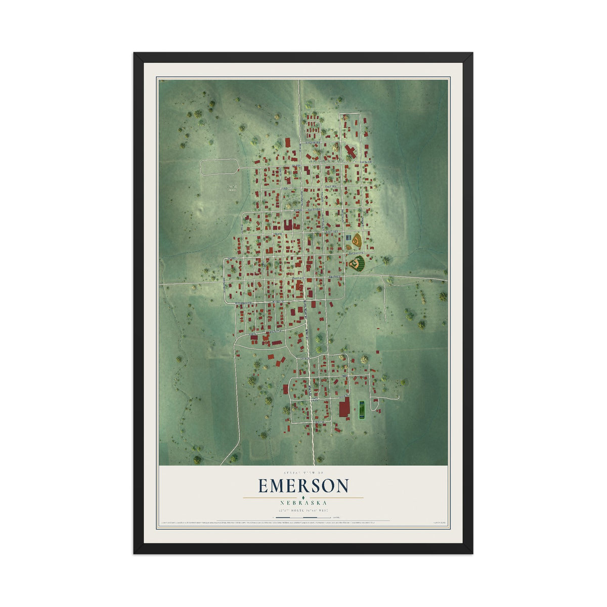 Map of Emerson, Nebraska, 12 x 18 inch print in a black wood frame