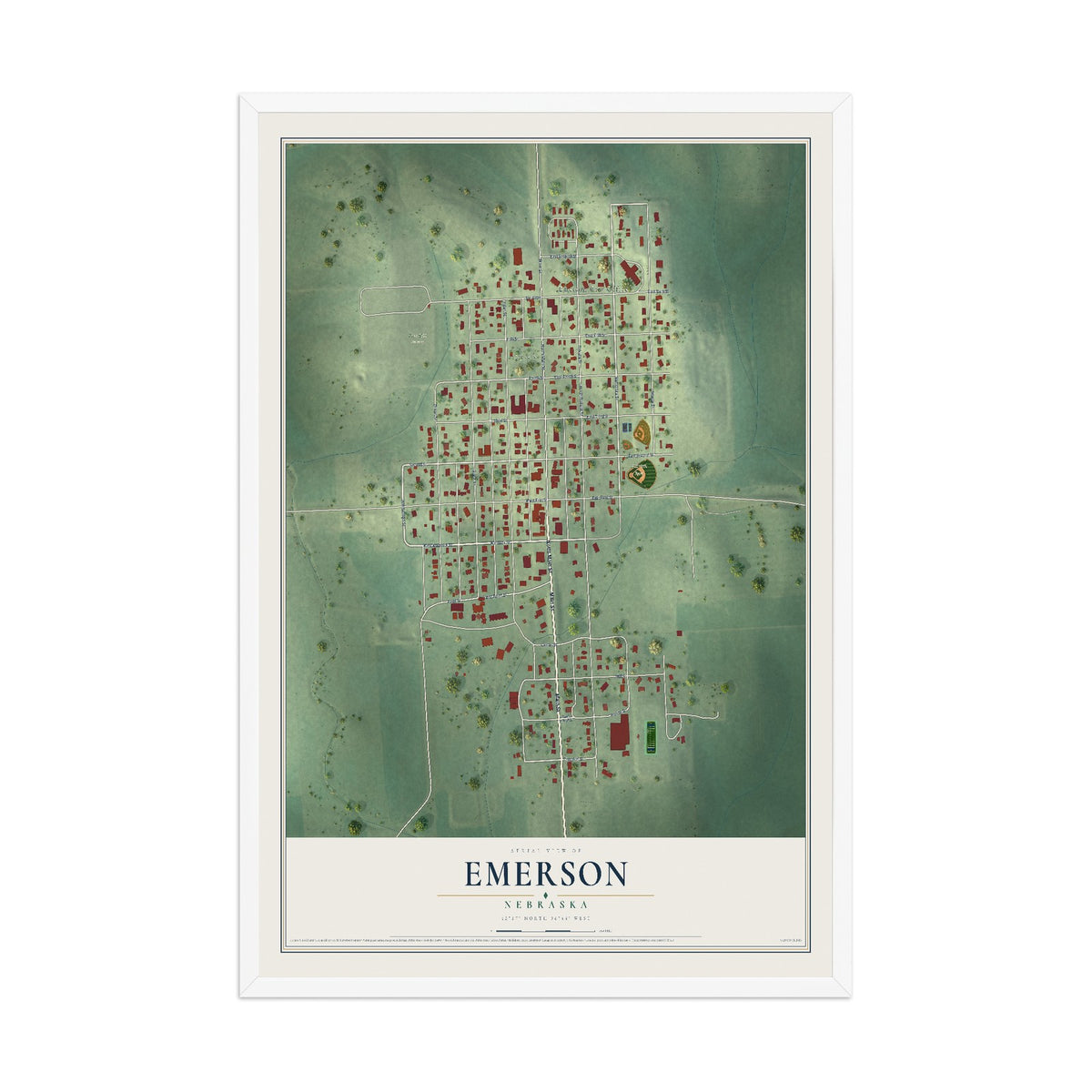 Map of Emerson, Nebraska, 12 x 18 inch print in a white wood frame