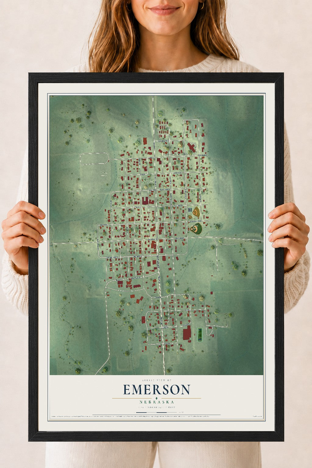 Map of Emerson, Nebraska, 18 x 24 inch print in a black wood frame