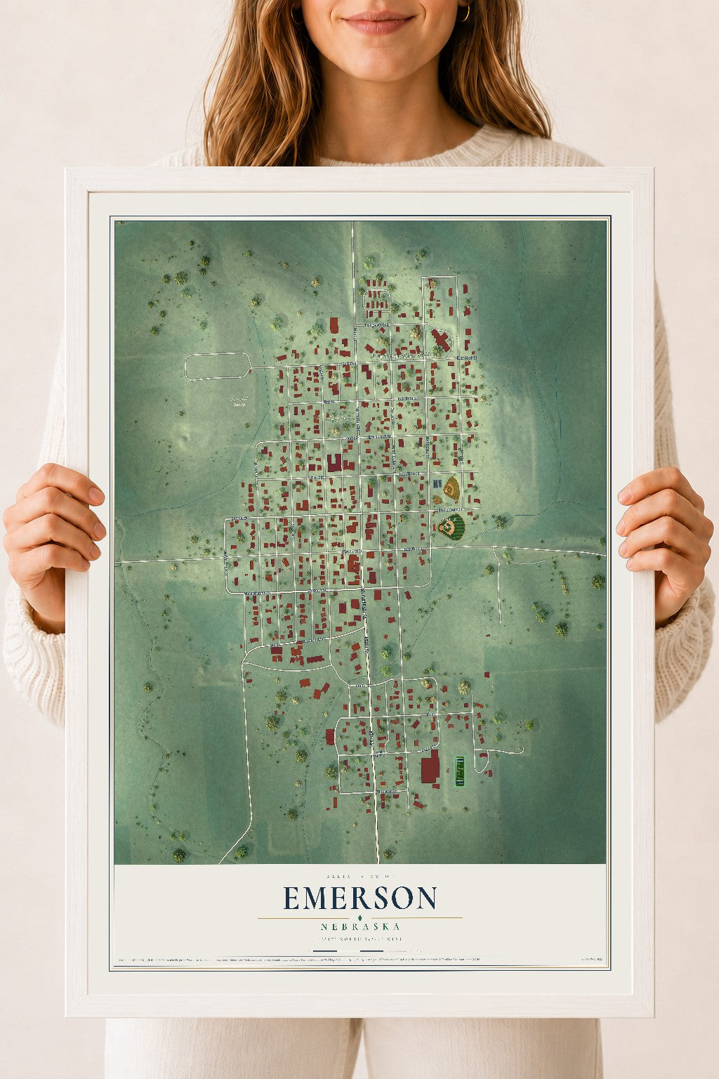 Map of Emerson, Nebraska, 18 x 24 inch print in a white wood frame