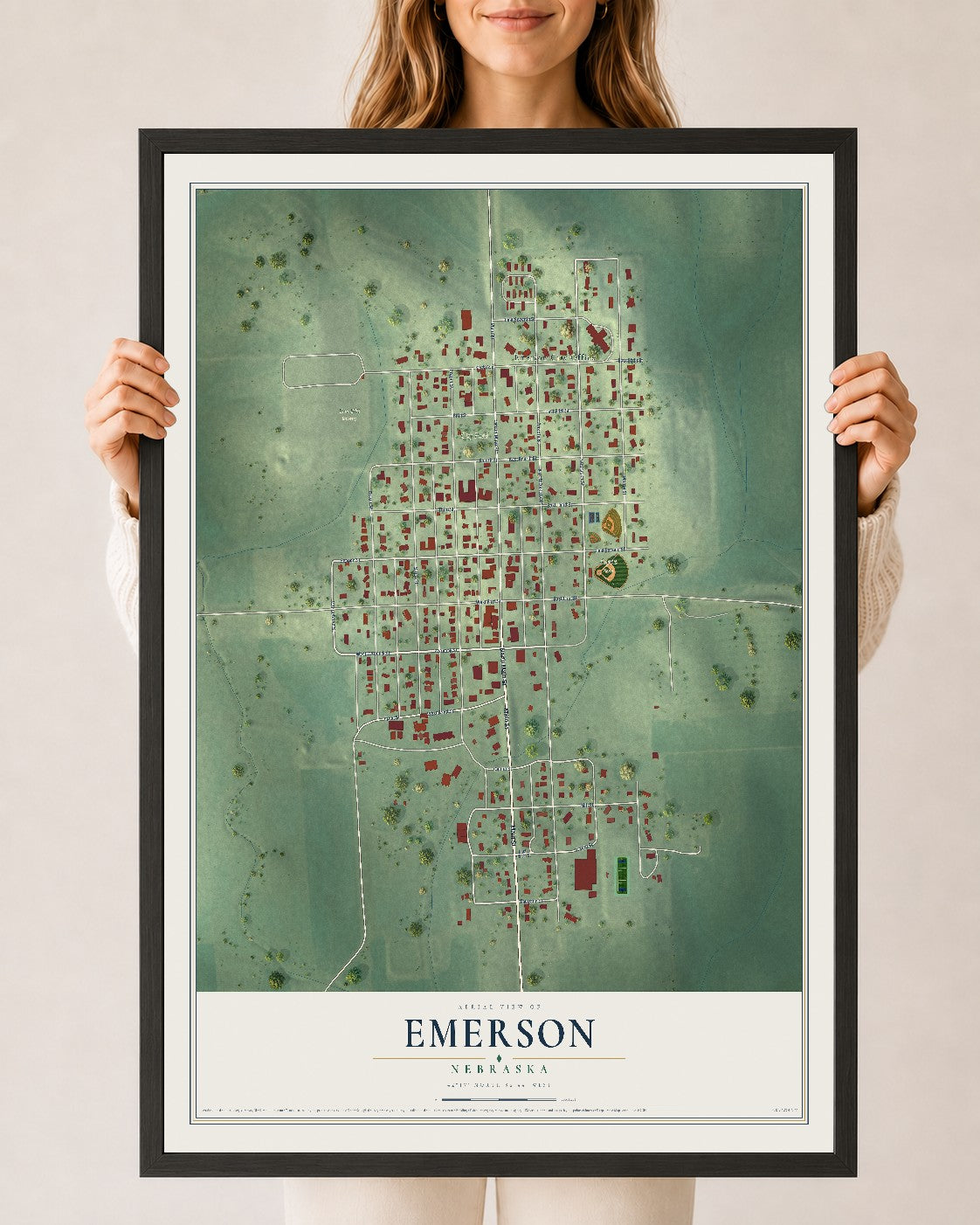 Map of Emerson, Nebraska, 24 x 36 inch print in a black wood frame
