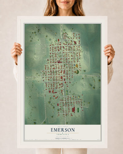 Map of Emerson, Nebraska, 24 x 36 inch print in a white wood frame