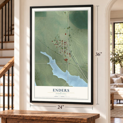 Enders, Nebraska map, 24 x 36 inch print in a black frame by a staircase