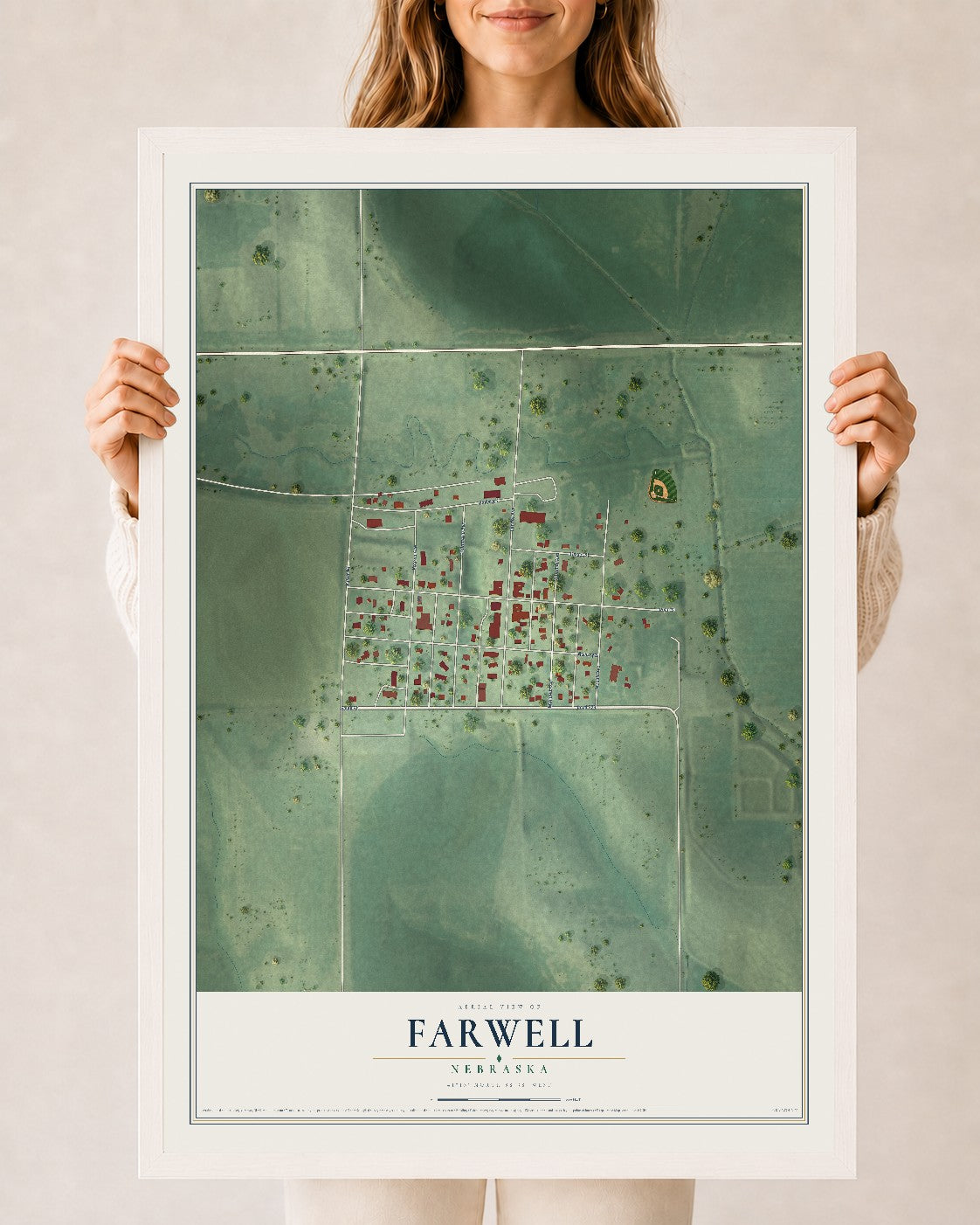 Map of Farwell, Nebraska, 24 x 36 inch print in a white wood frame