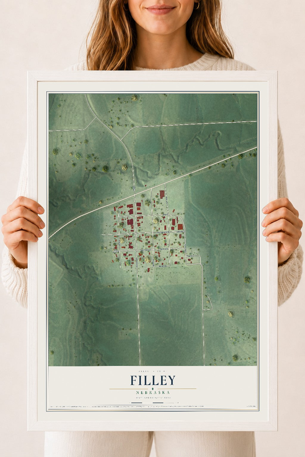 Map of Filley, Nebraska, 18 x 24 inch print in a white wood frame