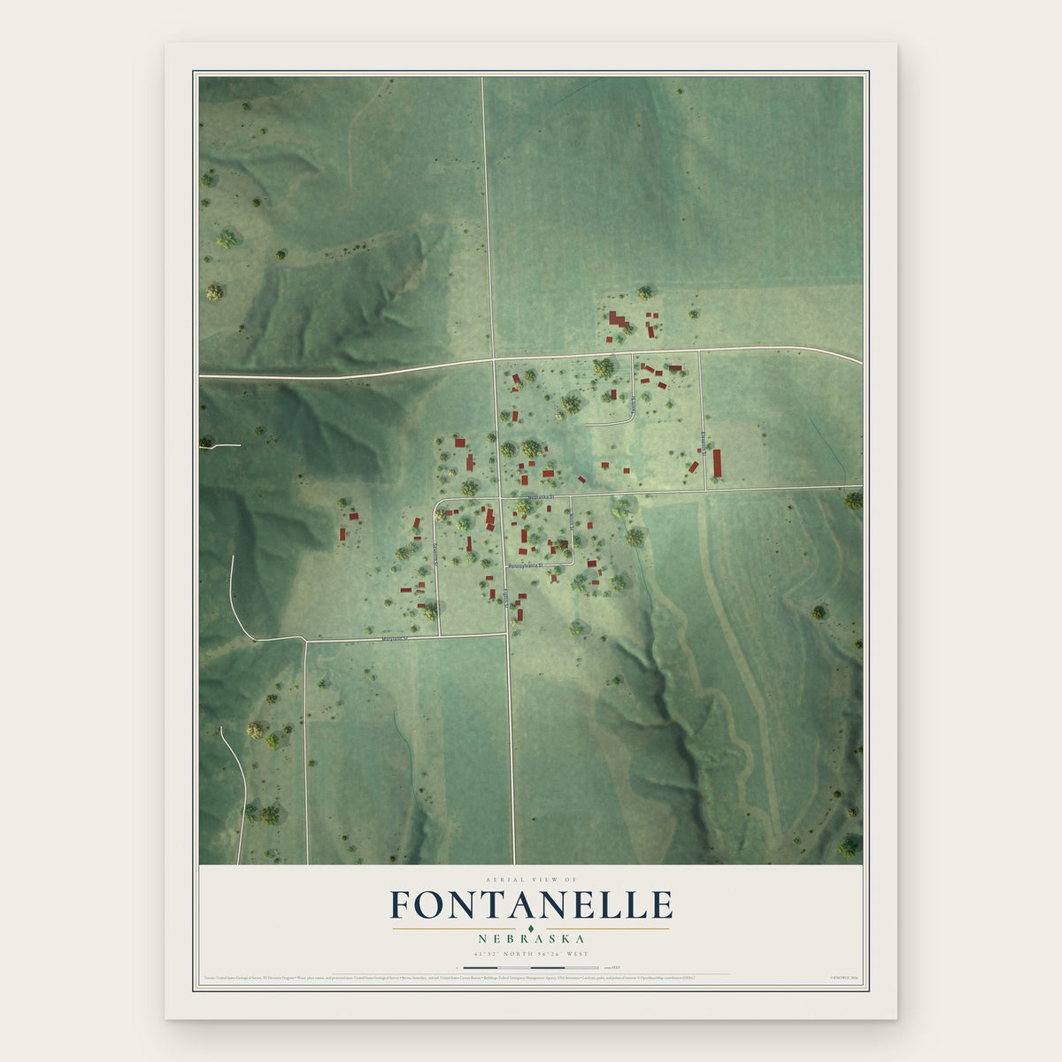 Fontanelle, Nebraska map print, the full design