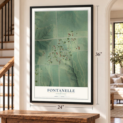 Fontanelle, Nebraska map, 24 x 36 inch print in a black frame by a staircase