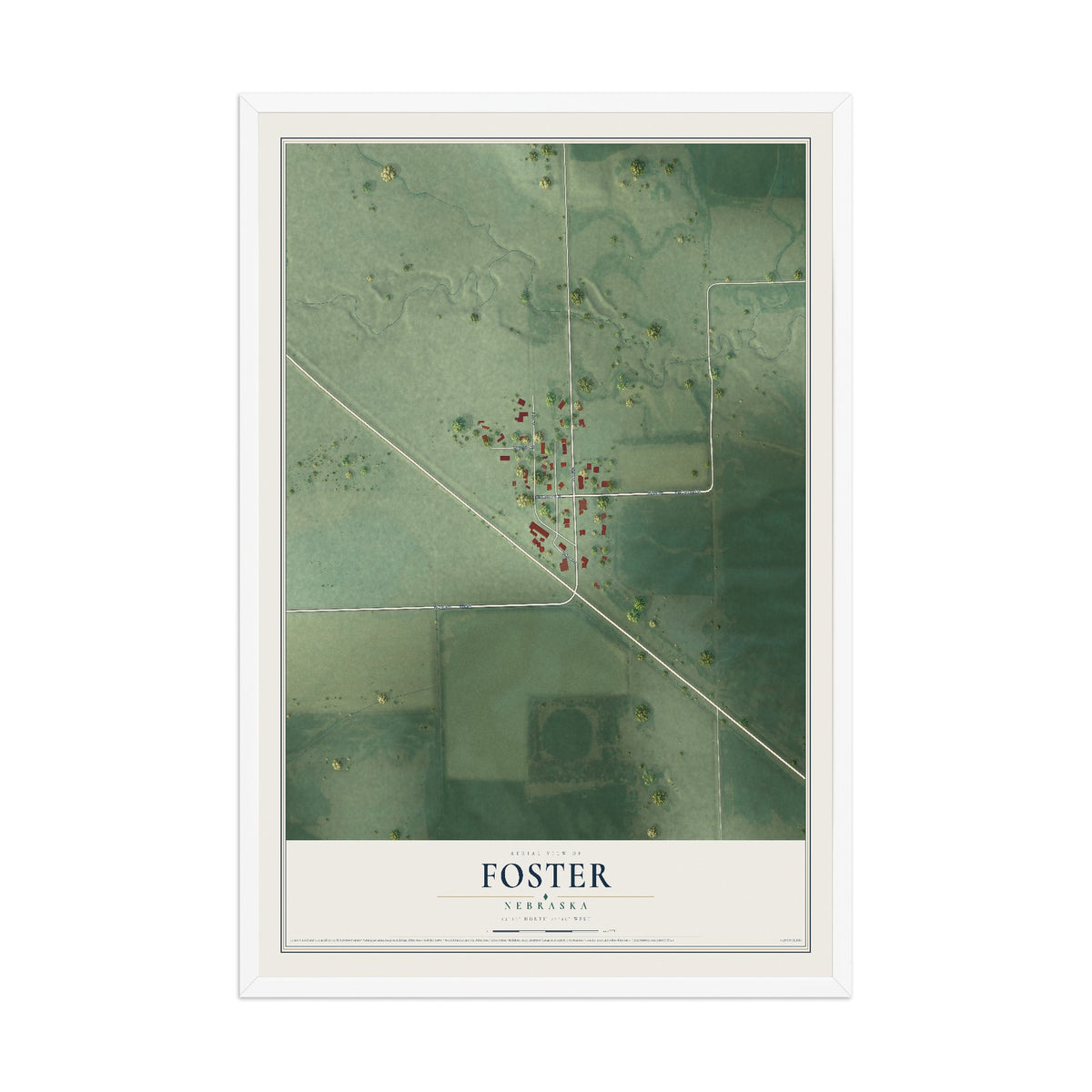 Map of Foster, Nebraska, 12 x 18 inch print in a white wood frame