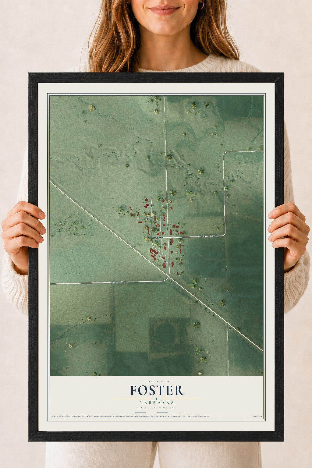 Map of Foster, Nebraska, 18 x 24 inch print in a black wood frame