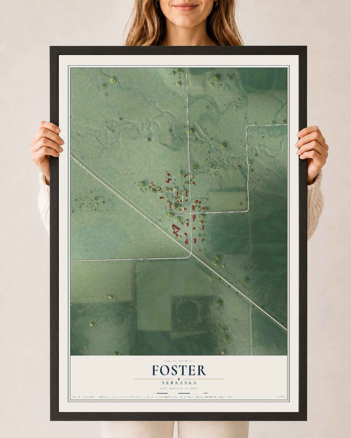 Map of Foster, Nebraska, 24 x 36 inch print in a black wood frame