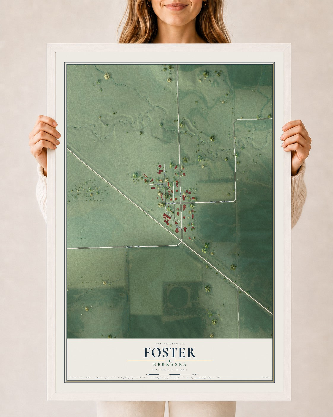Map of Foster, Nebraska, 24 x 36 inch print in a white wood frame