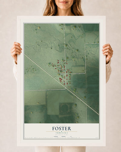 Map of Foster, Nebraska, 24 x 36 inch print in a white wood frame
