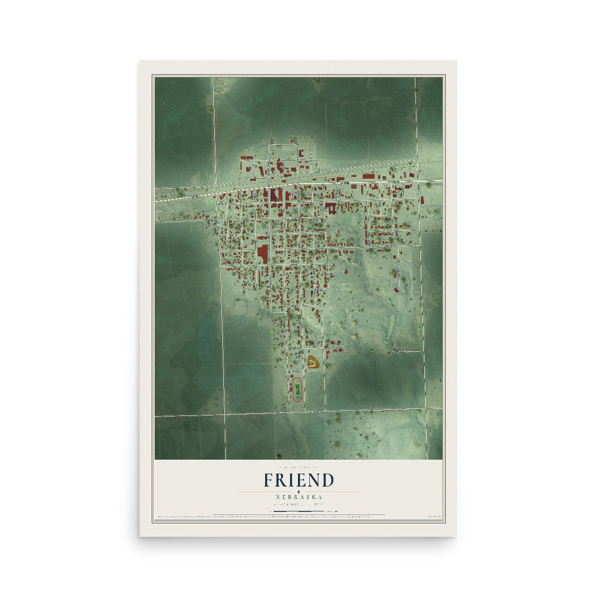 Map of Friend, Nebraska, 12 x 18 inch unframed archival matte print