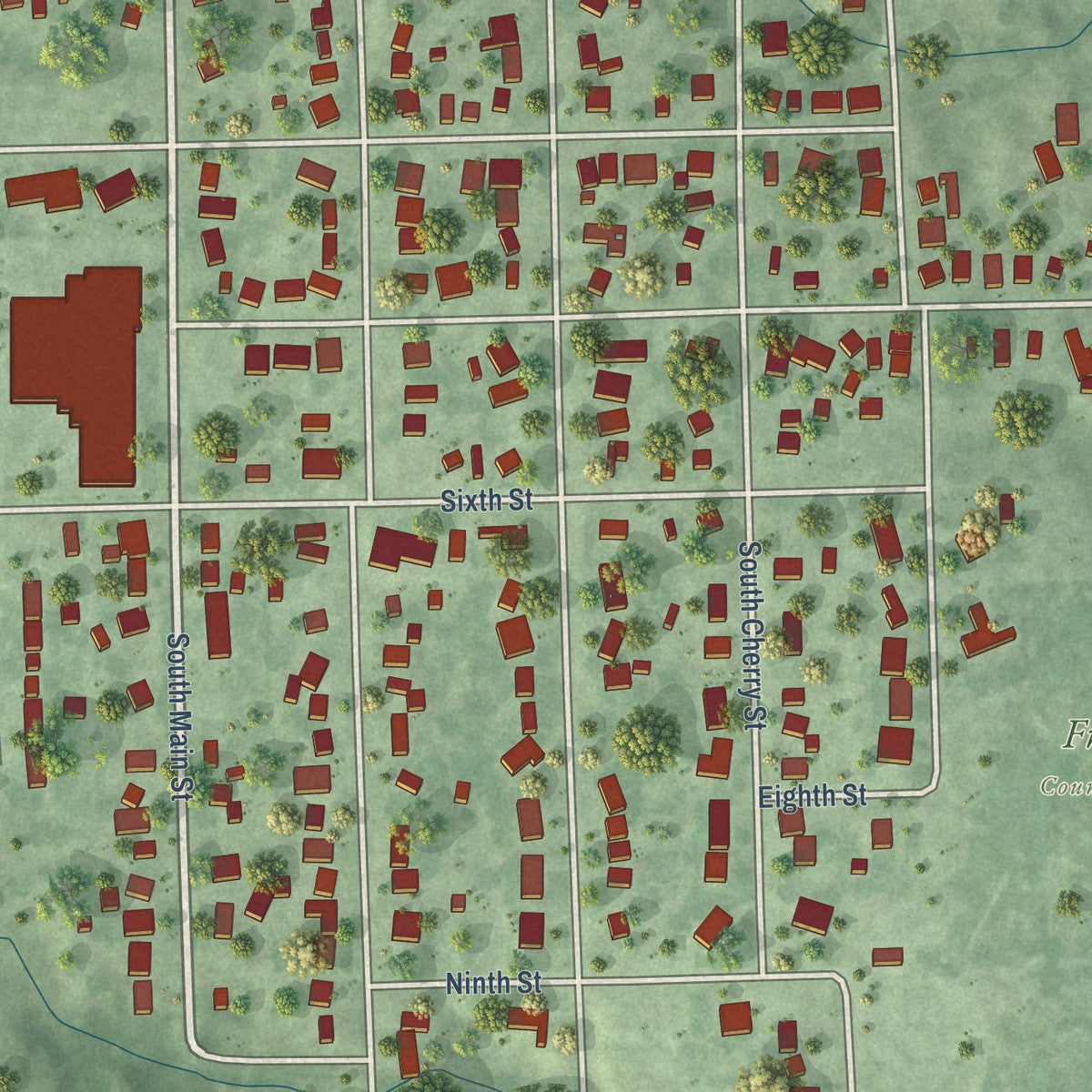 Close-up of the map of Friend, Nebraska print showing street and building detail