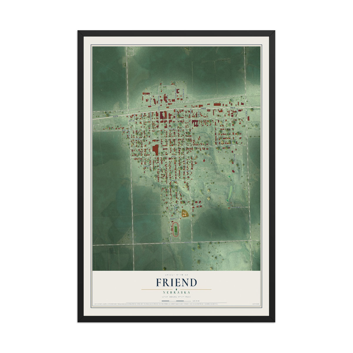 Map of Friend, Nebraska, 12 x 18 inch print in a black wood frame
