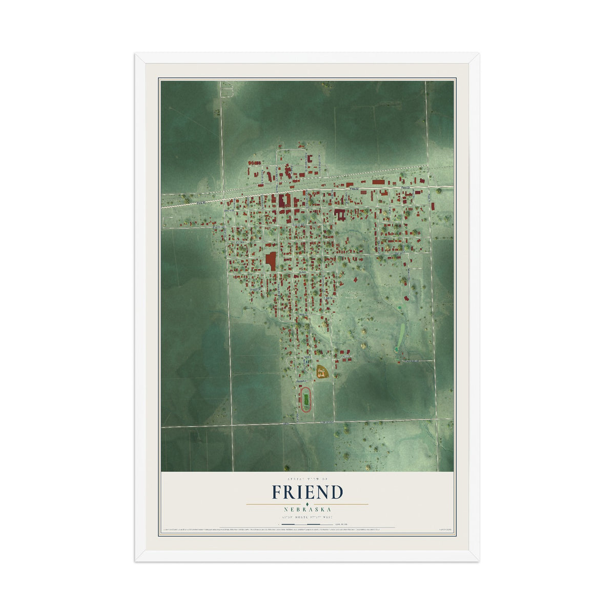 Map of Friend, Nebraska, 12 x 18 inch print in a white wood frame