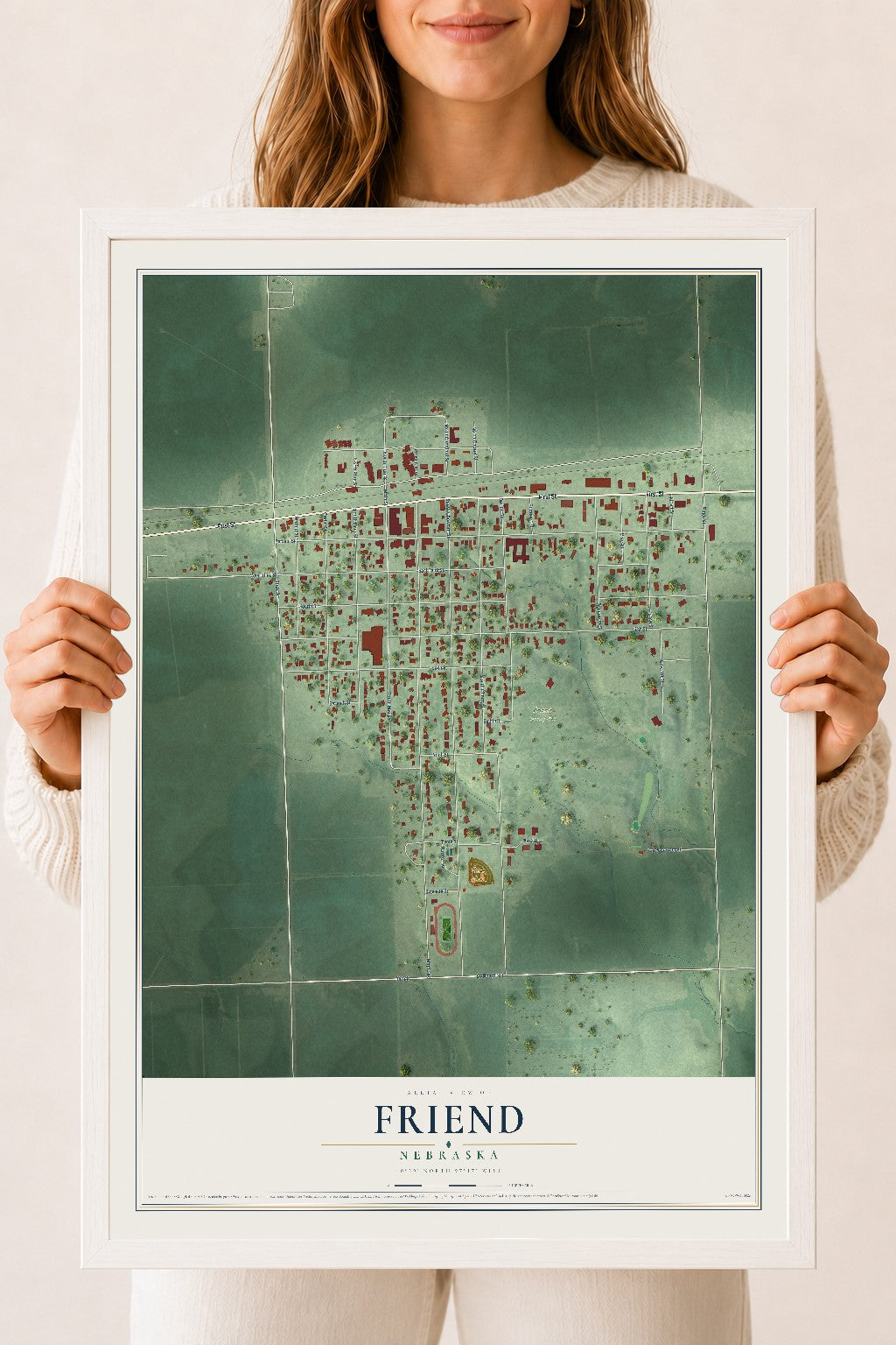Map of Friend, Nebraska, 18 x 24 inch print in a white wood frame