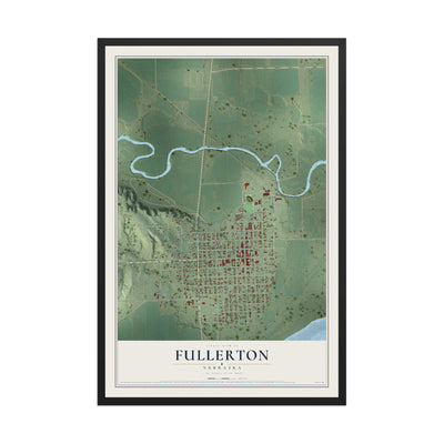 Map of Fullerton, Nebraska, 12 x 18 inch print in a black wood frame