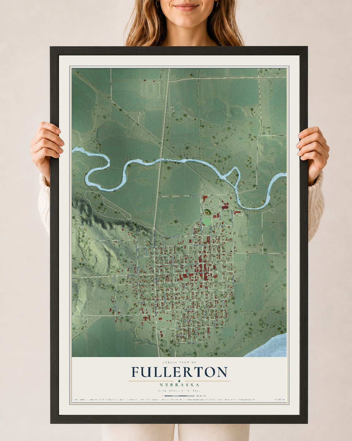 Map of Fullerton, Nebraska, 24 x 36 inch print in a black wood frame