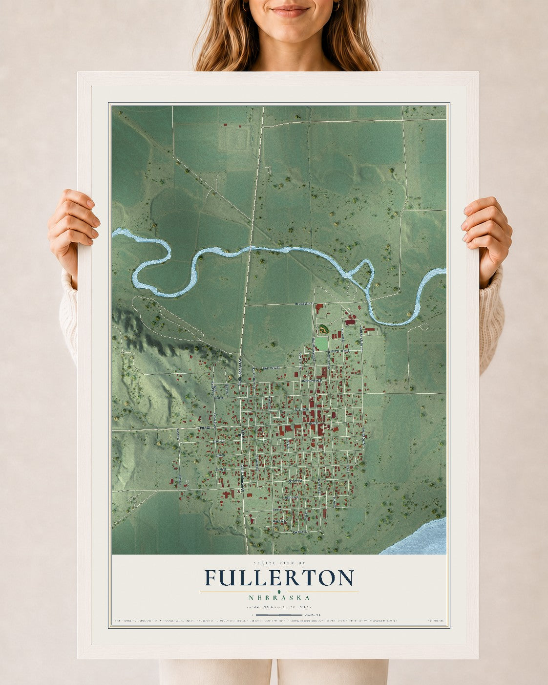 Map of Fullerton, Nebraska, 24 x 36 inch print in a white wood frame