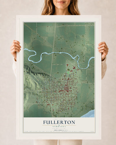 Map of Fullerton, Nebraska, 24 x 36 inch print in a white wood frame