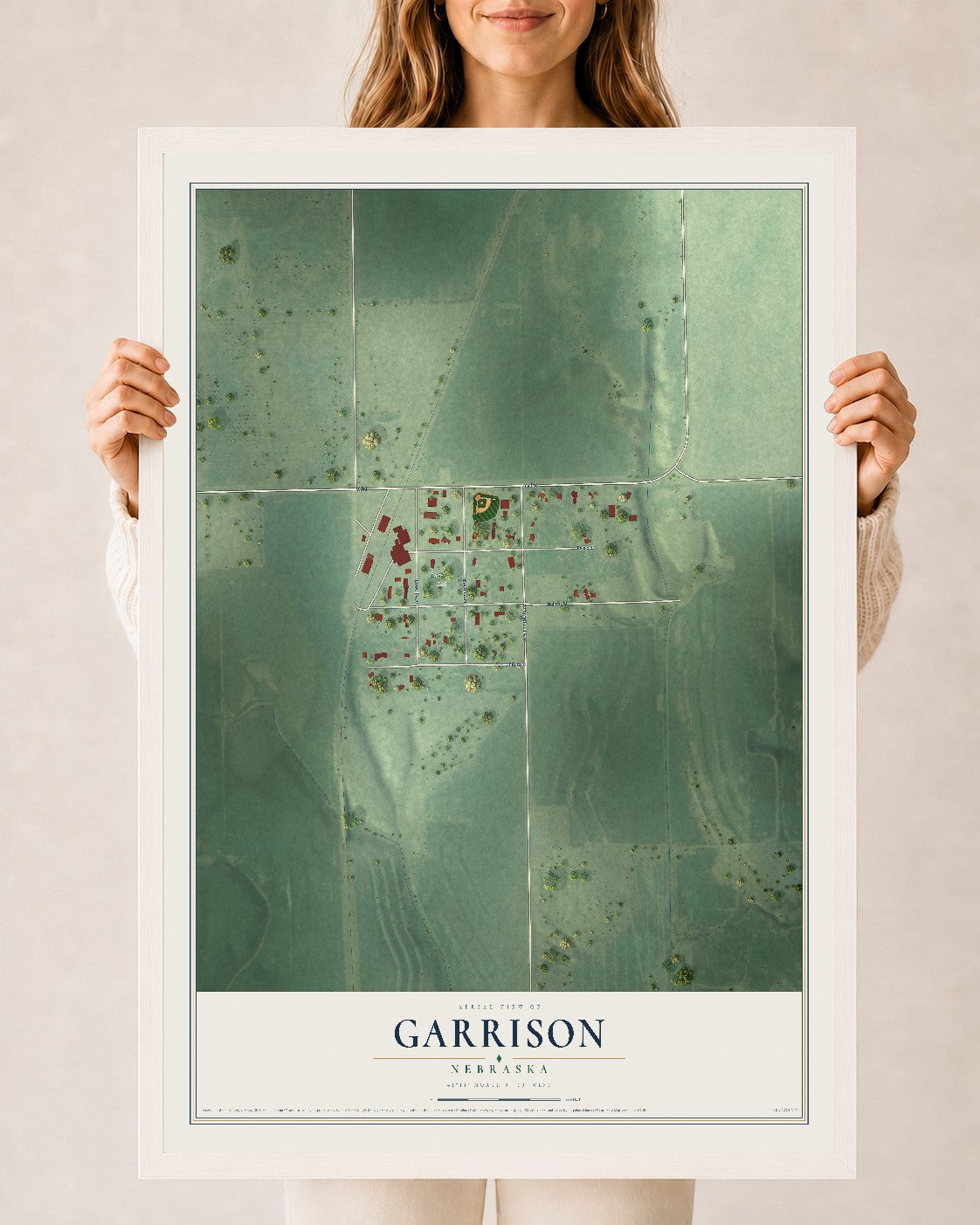 Map of Garrison, Nebraska, 24 x 36 inch print in a white wood frame