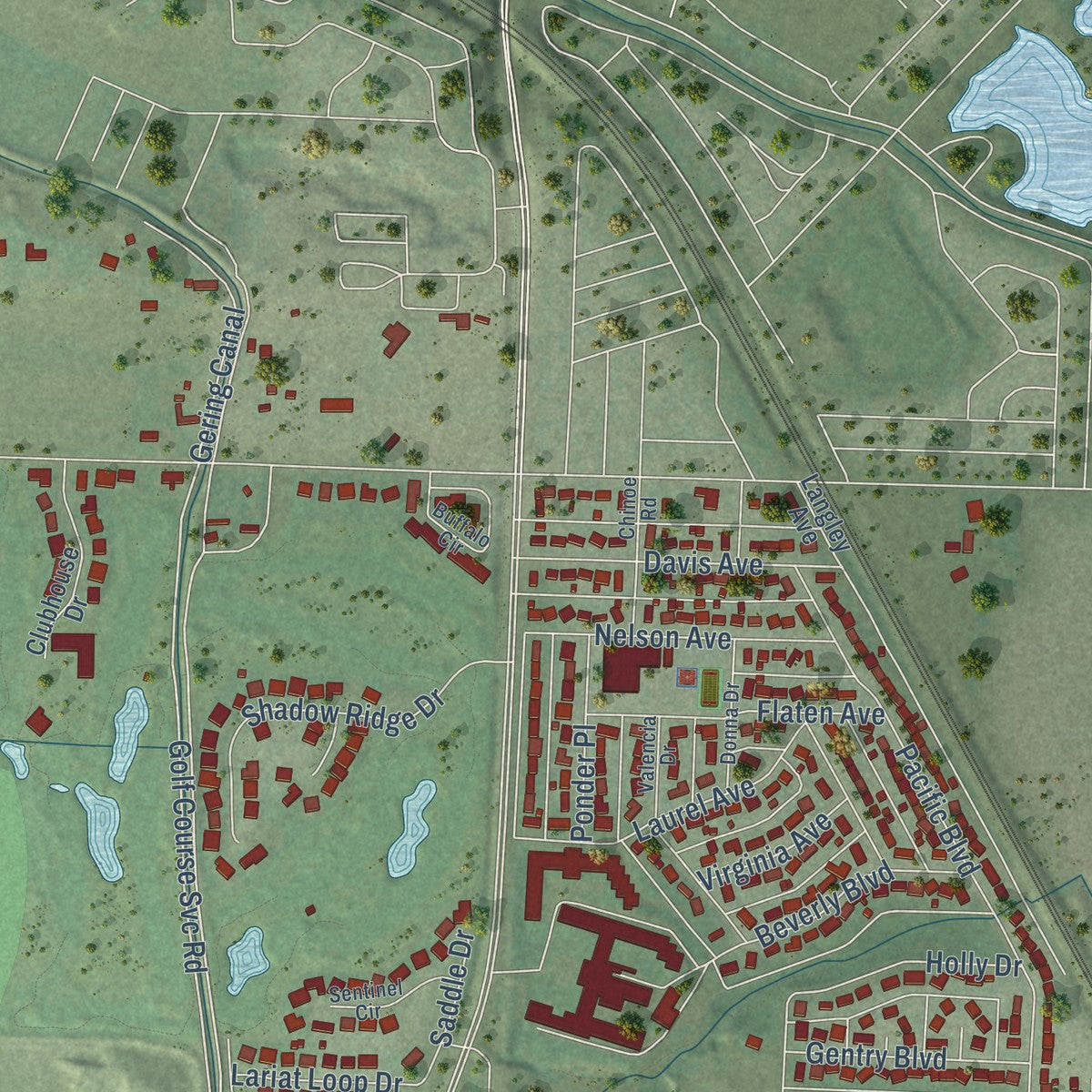 Second close-up of the map of Gering, Nebraska print showing more streets and buildings
