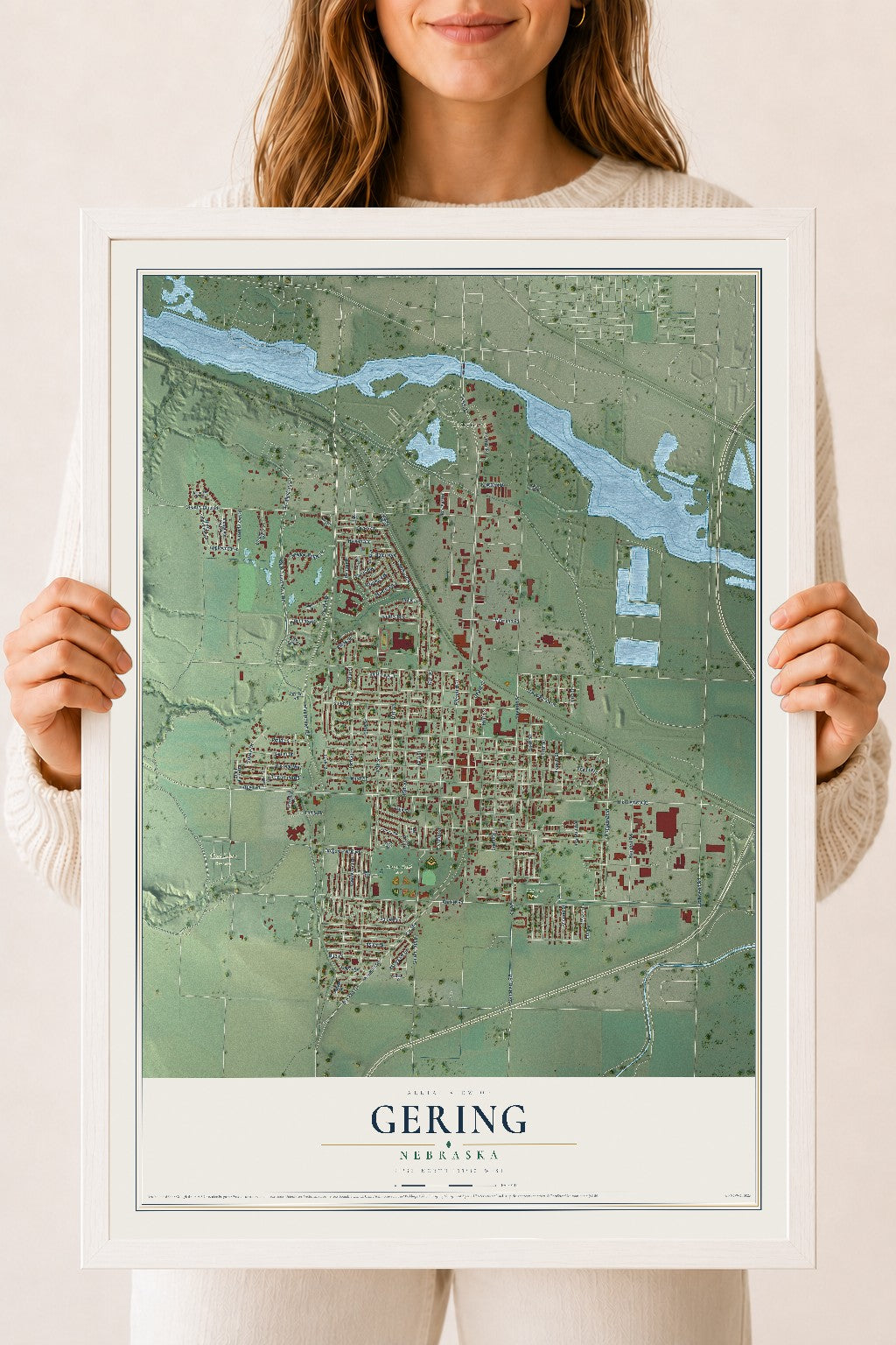 Map of Gering, Nebraska, 18 x 24 inch print in a white wood frame
