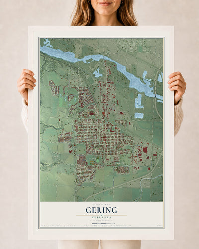 Map of Gering, Nebraska, 24 x 36 inch print in a white wood frame