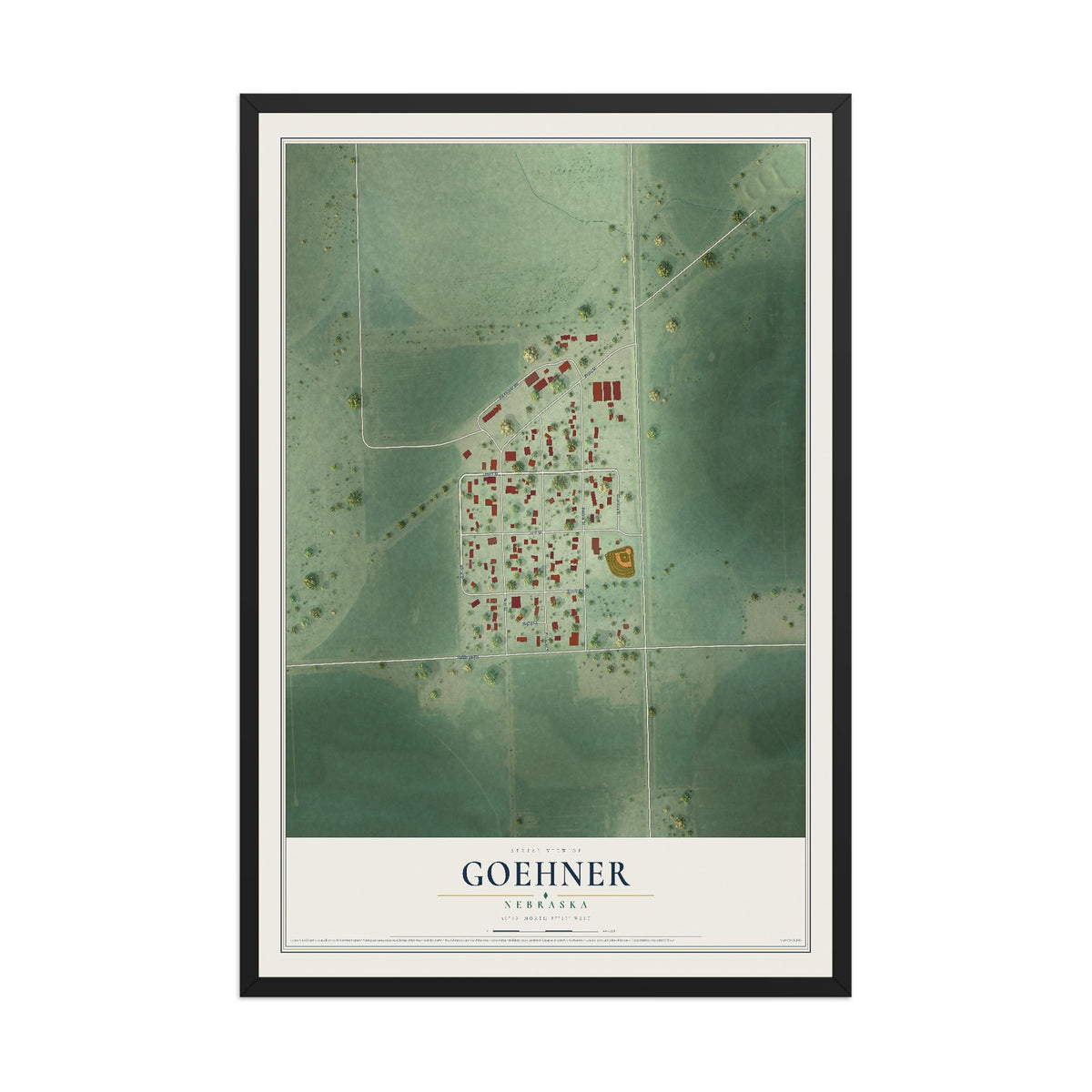 Map of Goehner, Nebraska, 12 x 18 inch print in a black wood frame