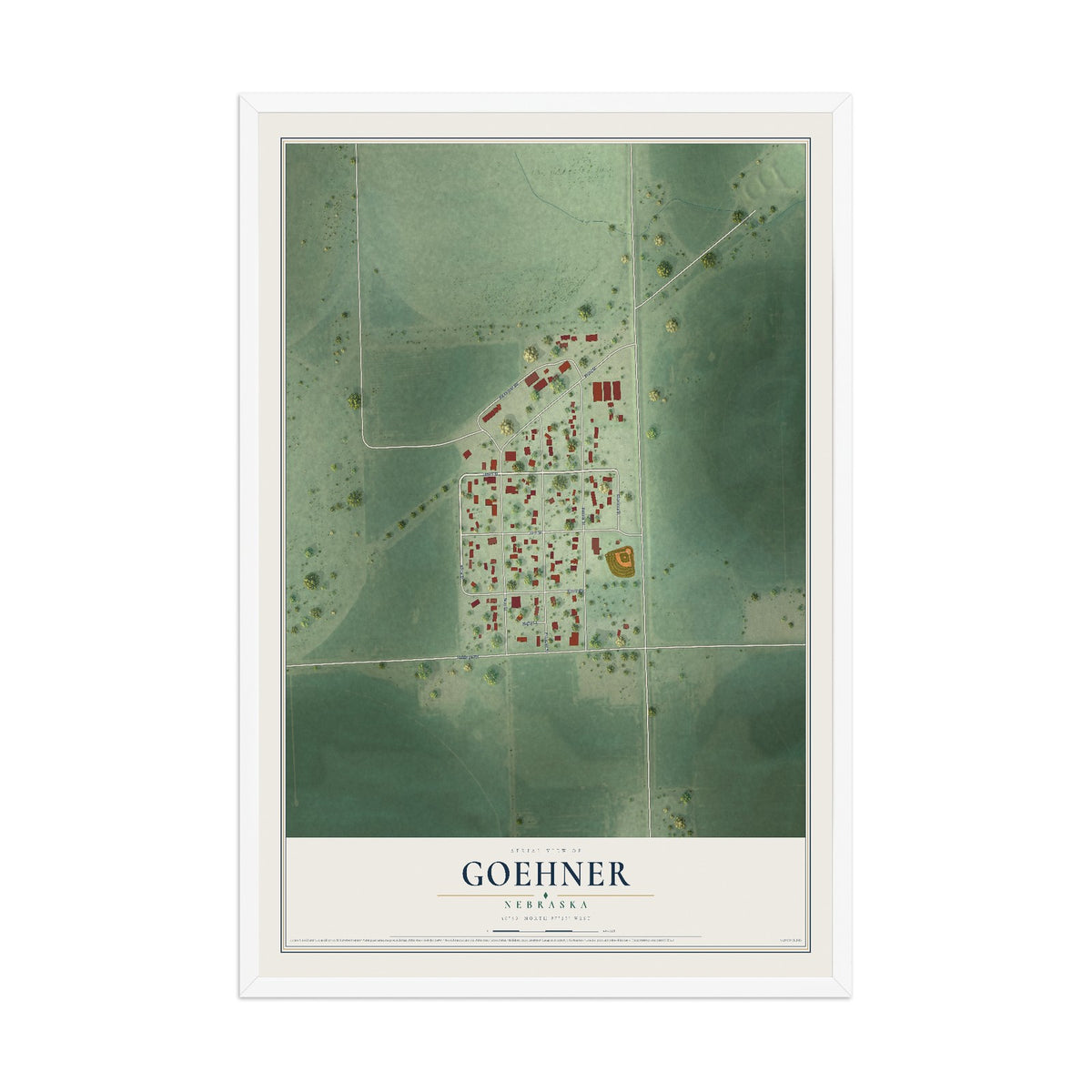 Map of Goehner, Nebraska, 12 x 18 inch print in a white wood frame