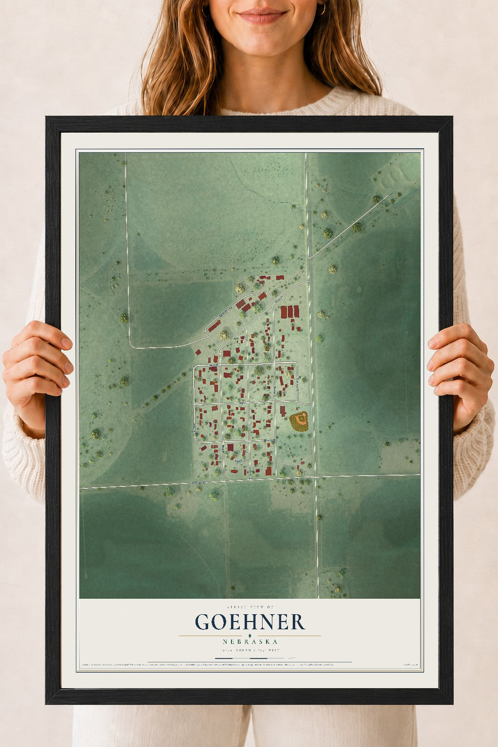 Map of Goehner, Nebraska, 18 x 24 inch print in a black wood frame