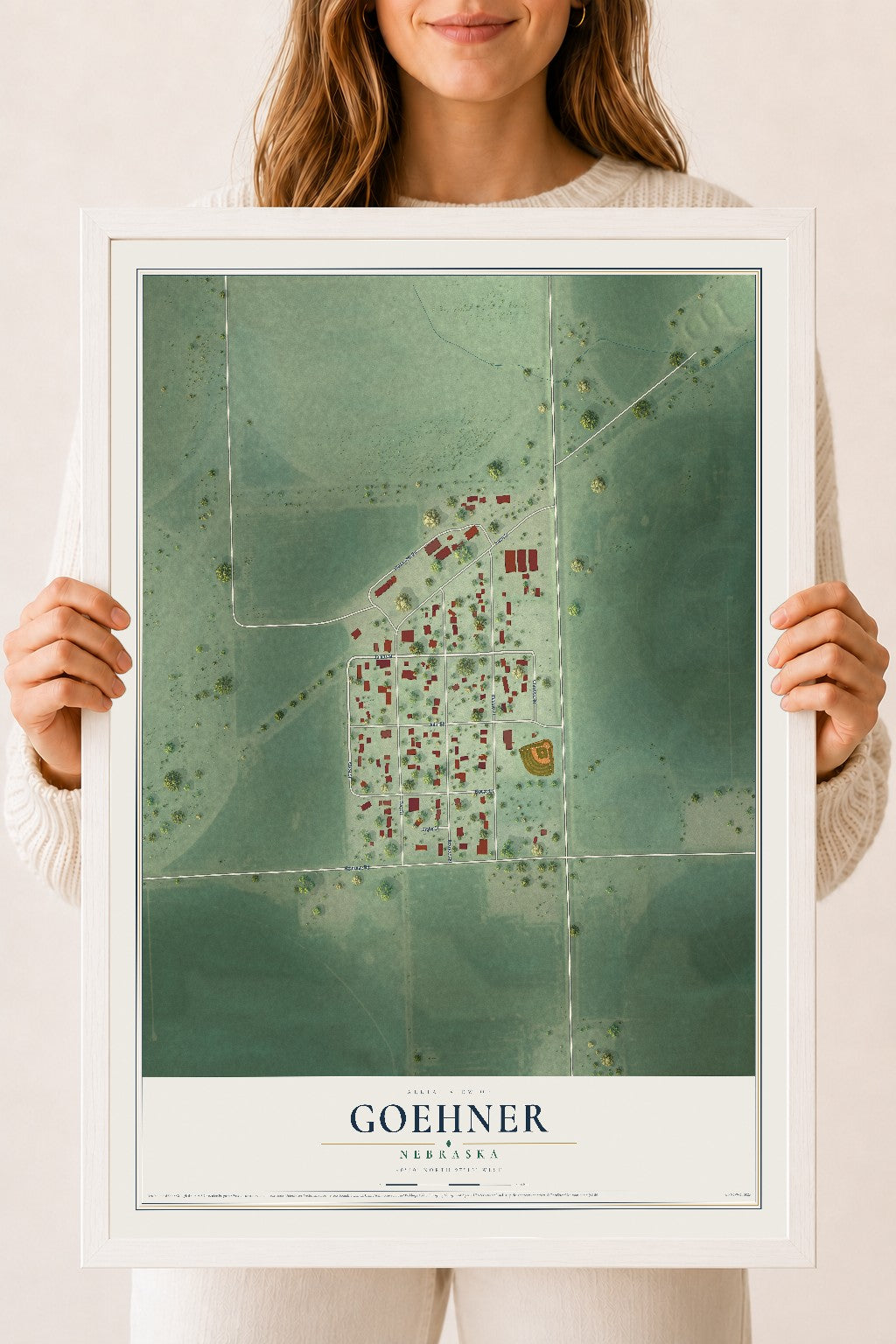 Map of Goehner, Nebraska, 18 x 24 inch print in a white wood frame