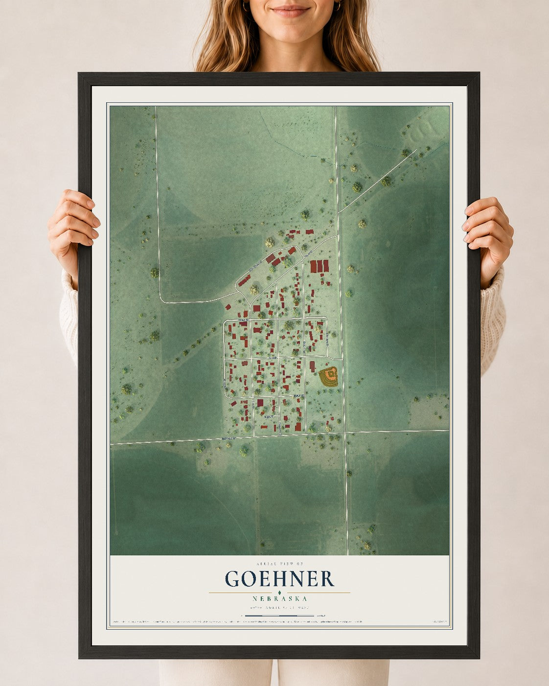 Map of Goehner, Nebraska, 24 x 36 inch print in a black wood frame