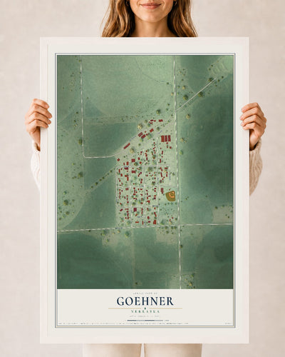 Map of Goehner, Nebraska, 24 x 36 inch print in a white wood frame