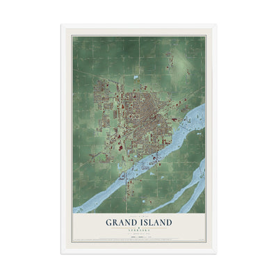 Map of Grand Island, Nebraska, 12 x 18 inch print in a white wood frame