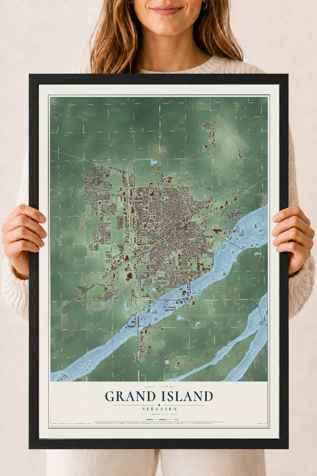 Map of Grand Island, Nebraska, 18 x 24 inch print in a black wood frame