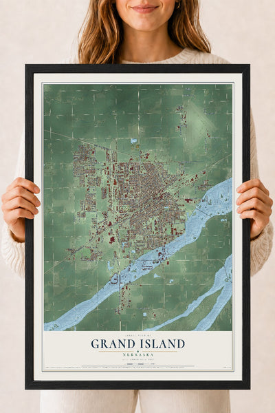 Map of Grand Island, Nebraska, 18 x 24 inch print in a black wood frame