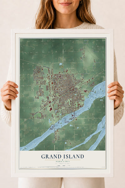 Map of Grand Island, Nebraska, 18 x 24 inch print in a white wood frame