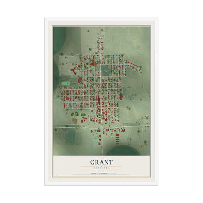 Map of Grant, Nebraska, 12 x 18 inch print in a white wood frame