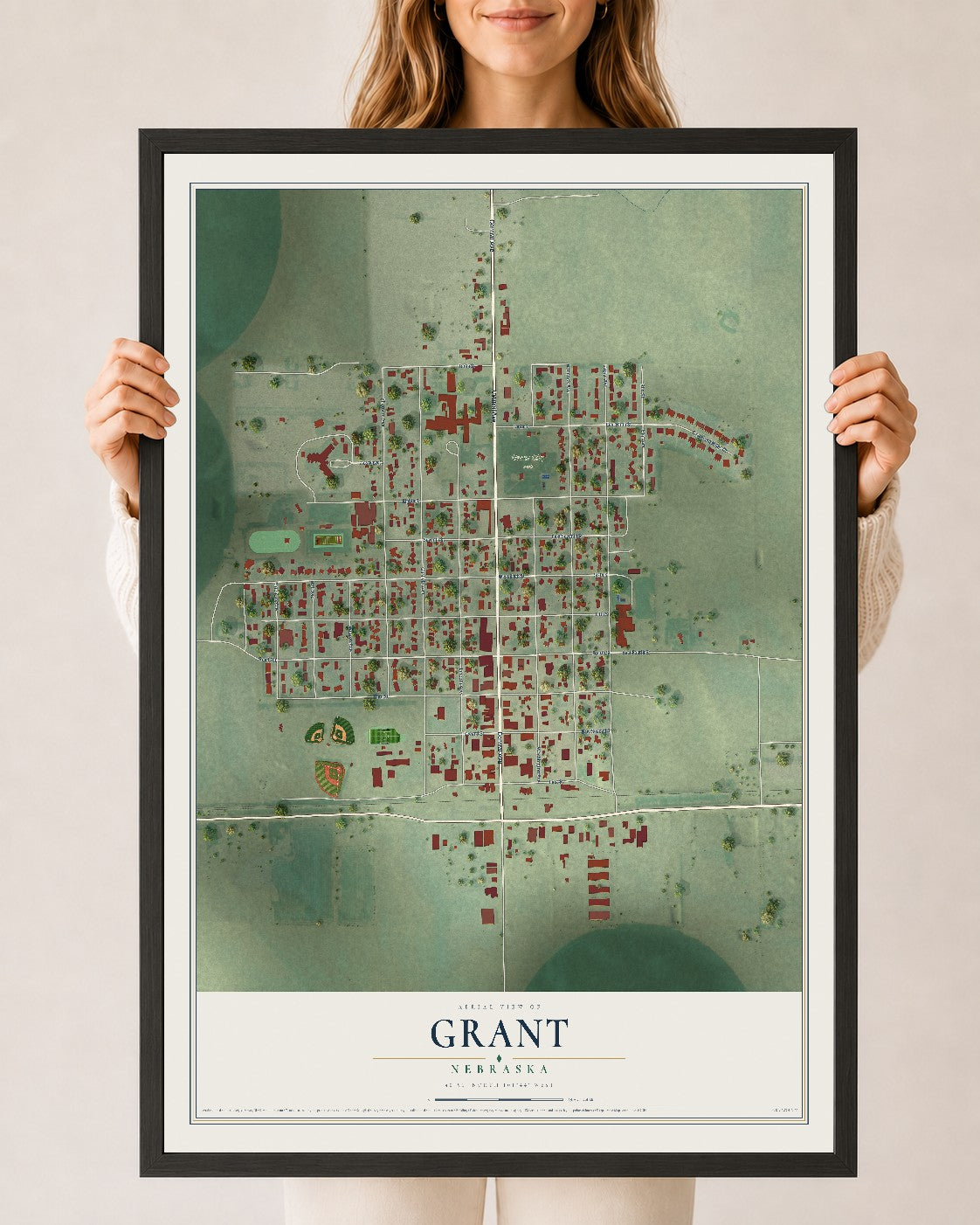 Map of Grant, Nebraska, 24 x 36 inch print in a black wood frame