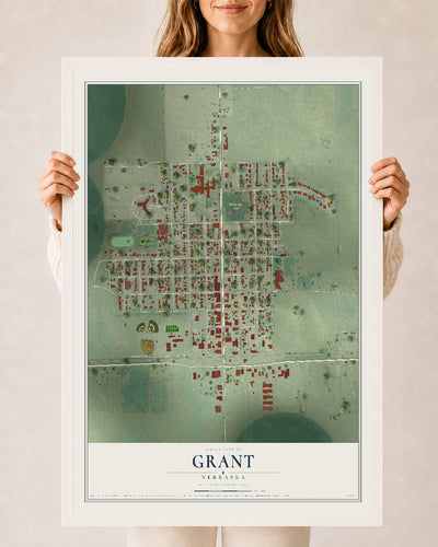 Map of Grant, Nebraska, 24 x 36 inch print in a white wood frame