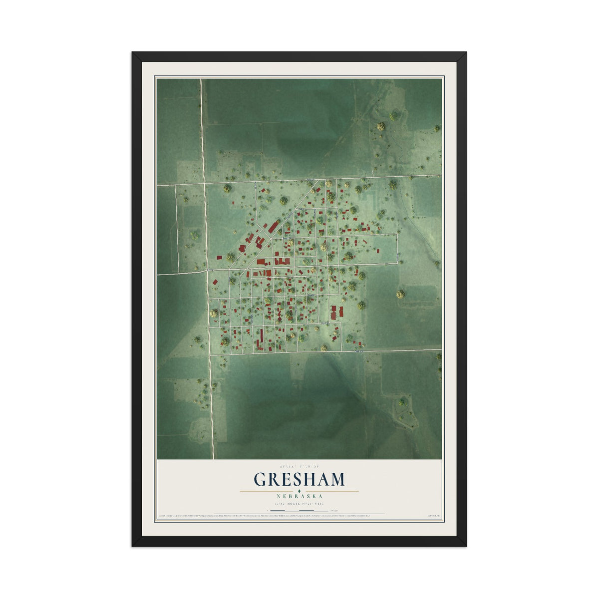 Map of Gresham, Nebraska, 12 x 18 inch print in a black wood frame