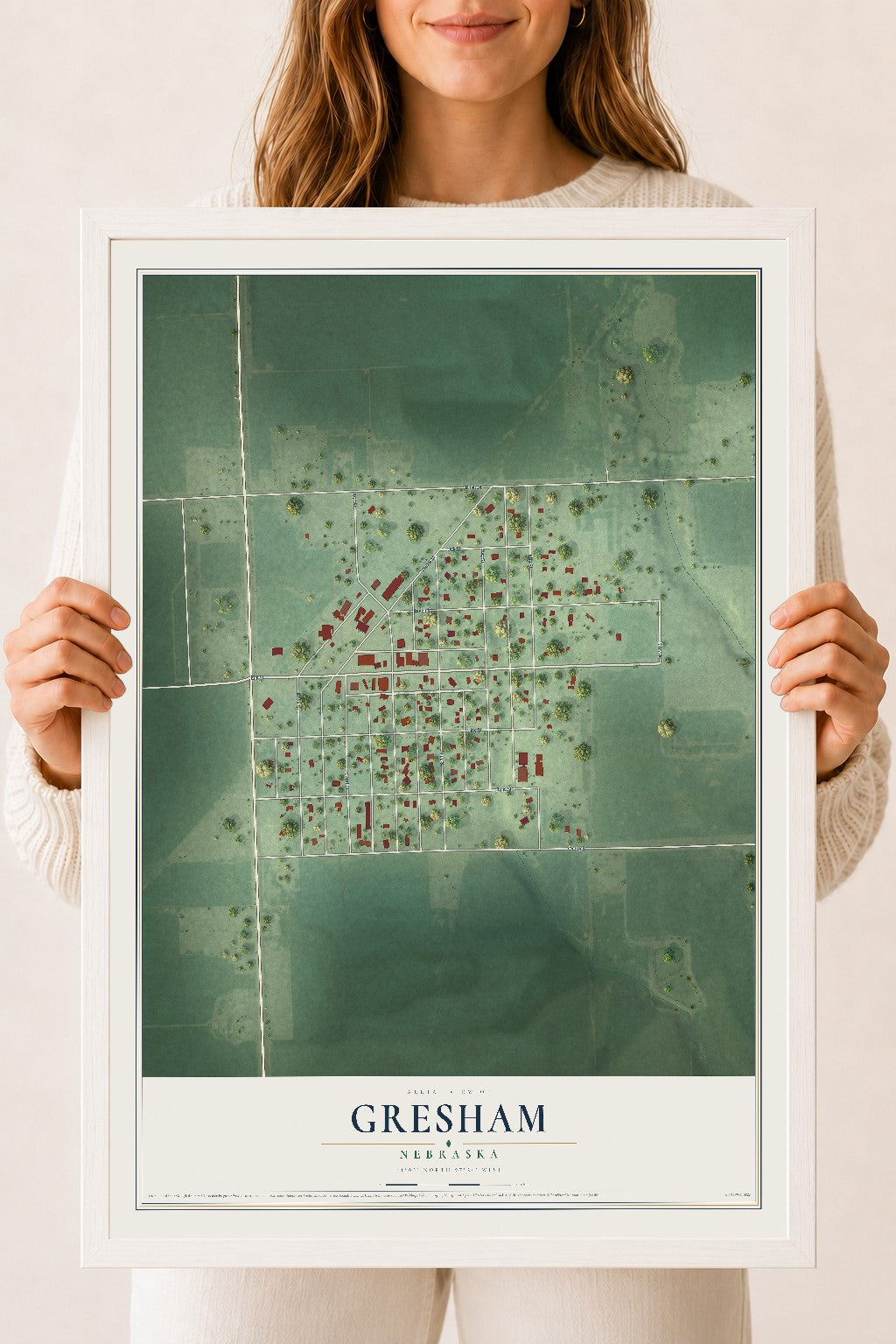 Map of Gresham, Nebraska, 18 x 24 inch print in a white wood frame