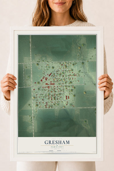 Map of Gresham, Nebraska, 18 x 24 inch print in a white wood frame
