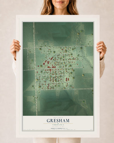 Map of Gresham, Nebraska, 24 x 36 inch print in a white wood frame