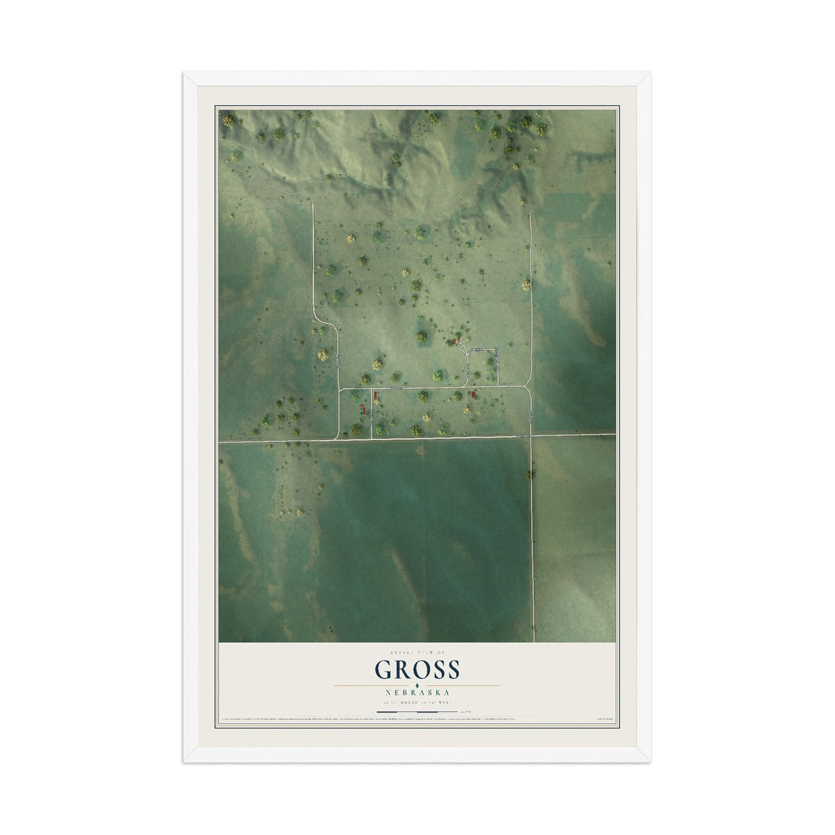 Map of Gross, Nebraska, 12 x 18 inch print in a white wood frame